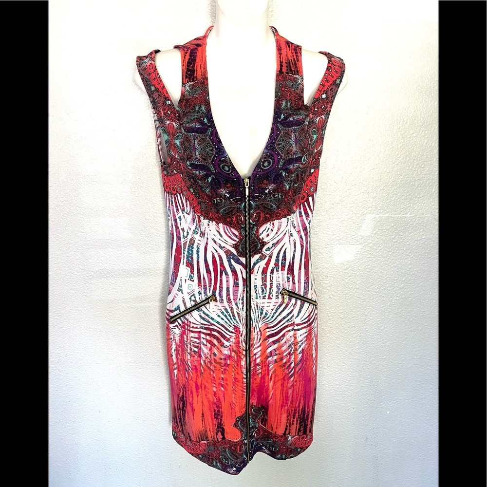 BEBE multicolor front zip cools shoulder mini dress size small